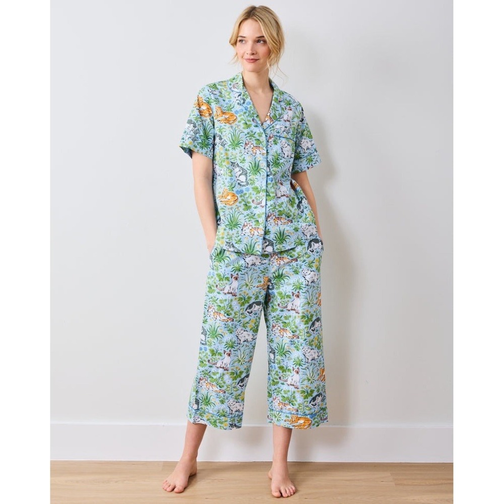 Printfresh Must Love Cats Pajama Set XS Blue Organic Cotton Top & Crop Pants NWT